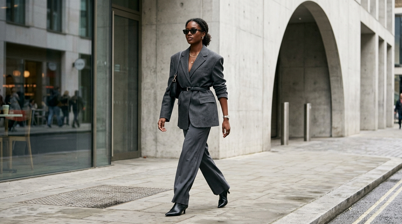 Model styling an oversized charcoal grey tailored blazer cinched with a slim black leather belt over matching tailored trousers and pointed boots
