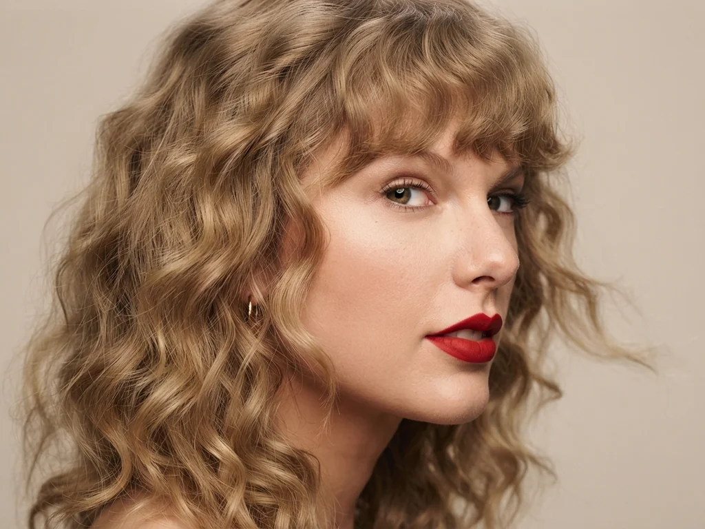 Detailed side profile of Taylor Swift showing off her short textured wavy lob hairstyle