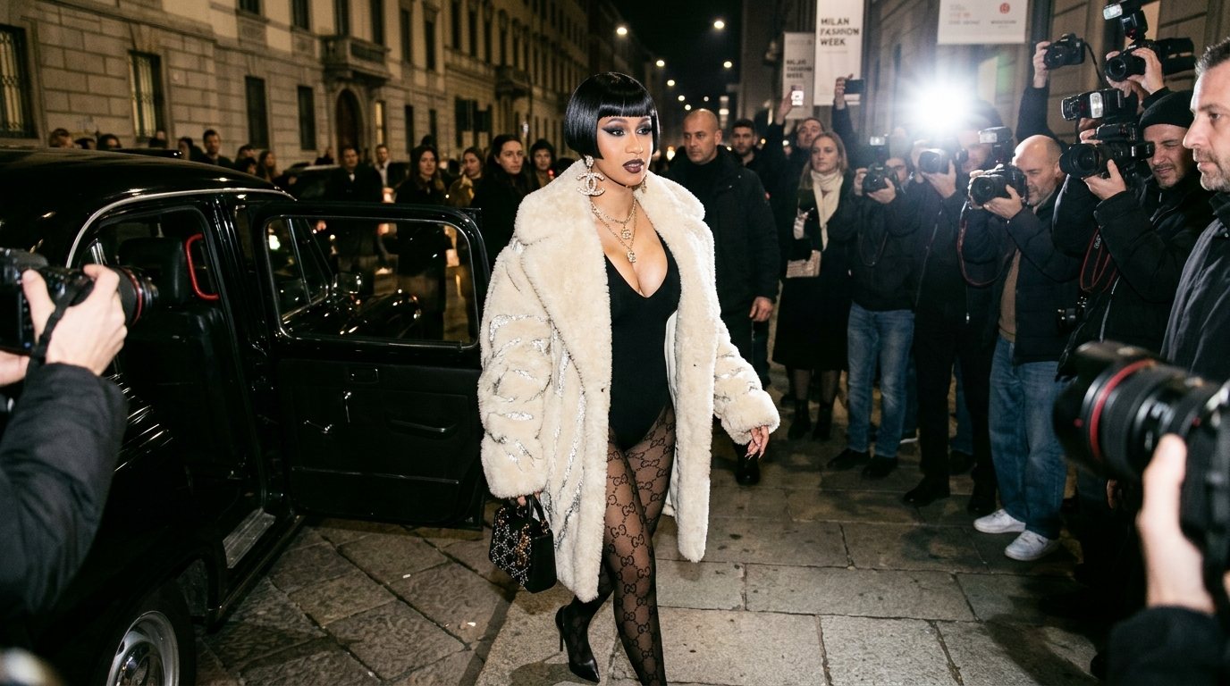 Cardi B Steals Milan Fashion Week: Dramatic 1920s Bowl-Cut Wig, Pantsless Gucci Bodysuit & Wild Roberto Cavalli Gown
