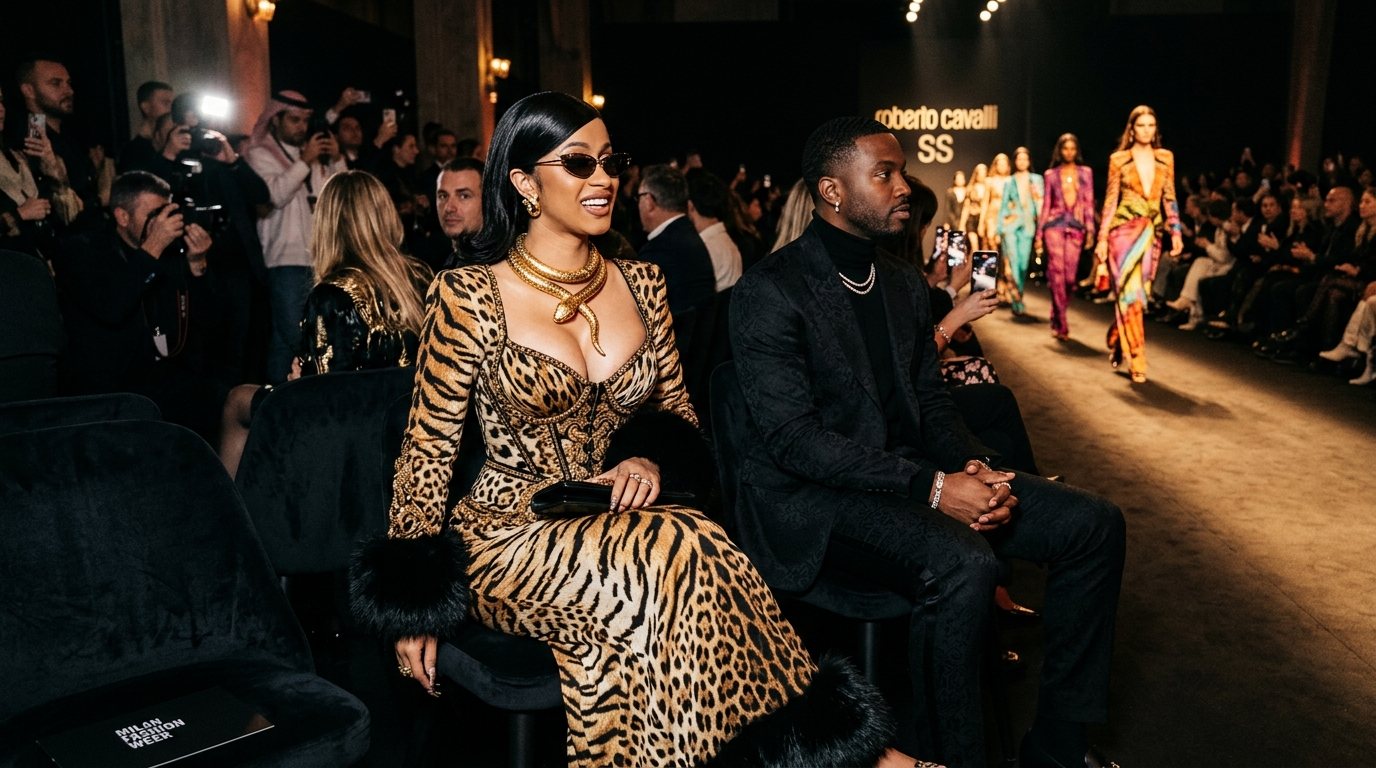 Cardi B sitting front row at Roberto Cavalli Spring Summer 2027 show during Milan Fashion Week wearing a wild tiger print animal gown with fur trim and gold snake necklace