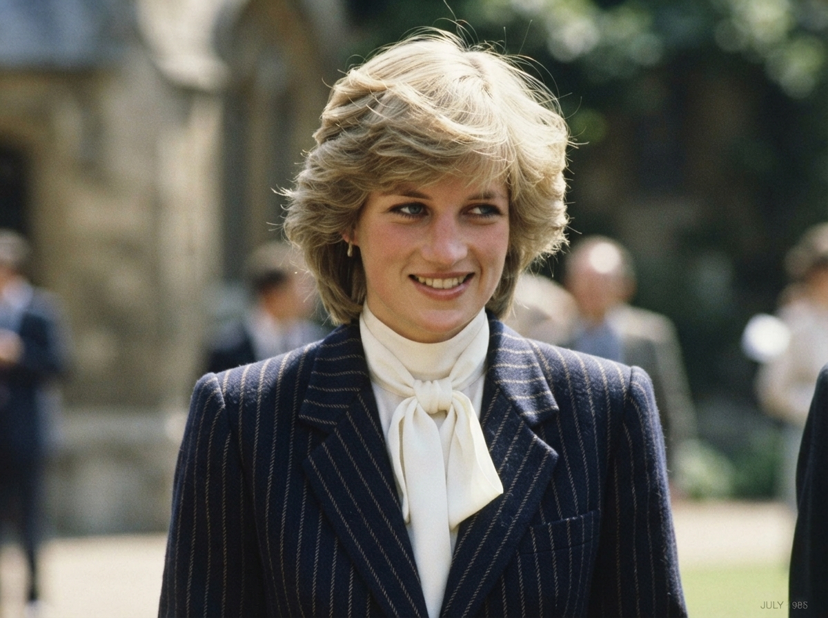 Princess Diana with her iconic feathered layered blonde shaggy bob haircut in tailored 1980s royal suit